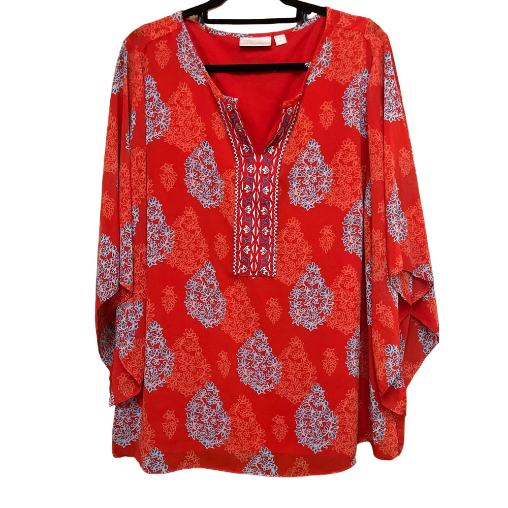 Belle Red and Blue colorful Tunic 3/4 Sleeve Size 1X. XO1